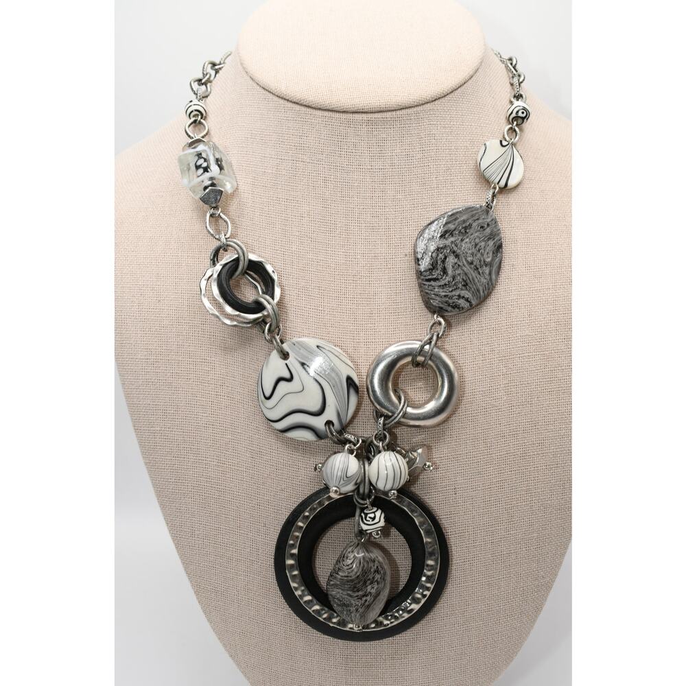 Chico's Statement Necklace Black White Lucite Wood Ring Silver Tone